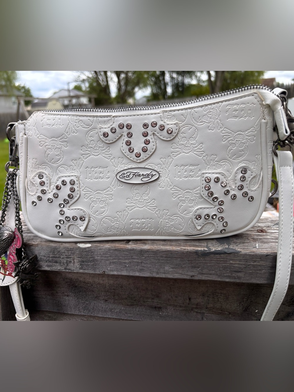 Ed Hardy White Embossed Logo Crossbody Handbag with Stud Accents